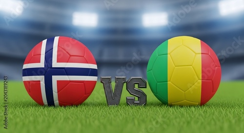 Denmark versus Cameroon soccer match illustration with national flags and stadium background