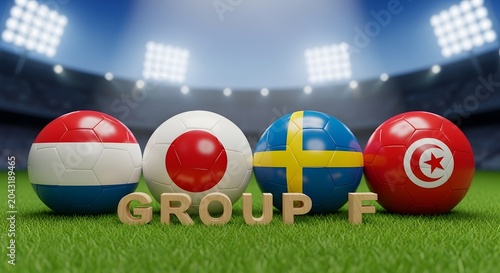 Football soccer balls representing Austria Turkey Sweden and Tunisia with stadium background