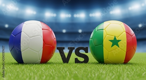 France versus Senegal soccer balls on grass with stadium background