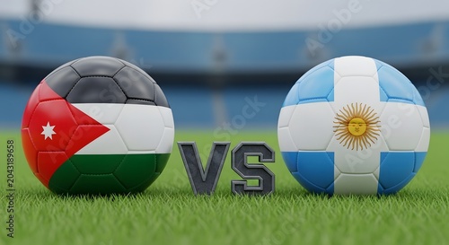 Jordan versus Argentina soccer balls on grass with stadium background