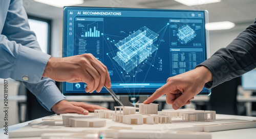 Architects designing building model and blueprint on computer