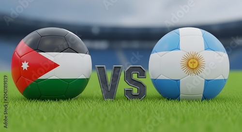 Jordan versus Argentina soccer balls on grass with versus sign
