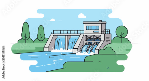 Stylized illustration of a hydroelectric dam with water flowing through its turbines and spillways