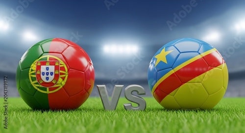 Portugal versus Democratic Republic of the Congo soccer balls on grass field