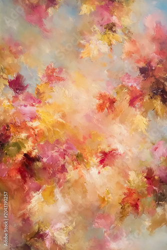 Abstract fine art painting showcasing warm autumn foliage colors with intricate brushstrokes, creating a soft, ethereal pattern