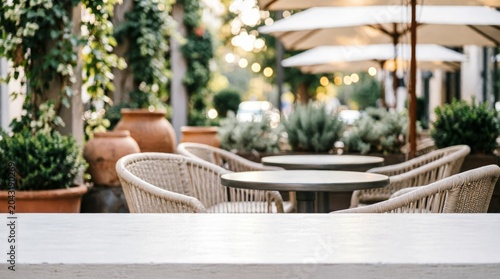 Outdoor Cafe Terrace with Wicker Chairs and Greenery for Web Design