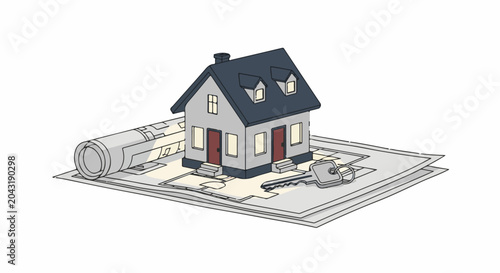 Illustration of a house model atop architectural plans with a key