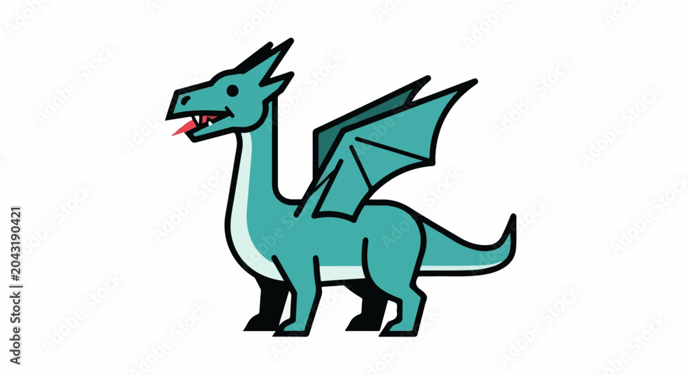Fototapeta premium Cartoon teal dragon with wings and tongue sticking out