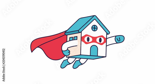A cartoon house with a superhero cape and mask flies through the air