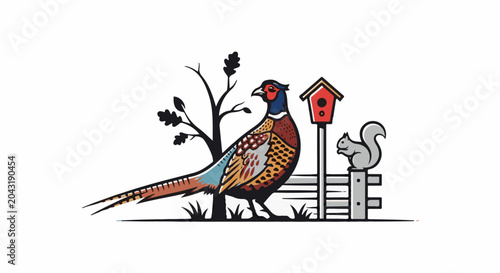 Pheasant and squirrel by a fence with a birdhouse and tree