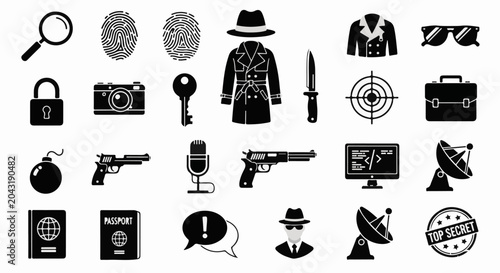 Collection of spy and secret agent icons including gadgets, weapons, and surveillance