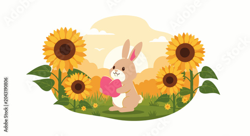 Adorable bunny holding a heart amidst sunflowers and a sunrise