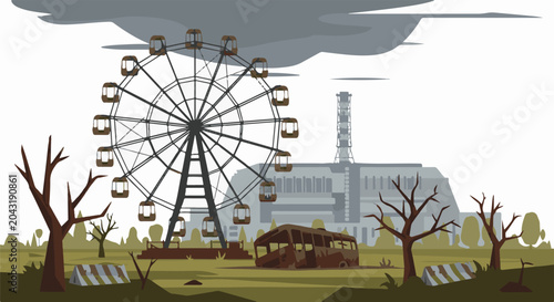 Post-apocalyptic amusement park with Ferris wheel, abandoned bus, and nuclear plant