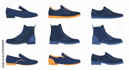 Assortment of dark blue footwear with orange accents, including loafers and boots