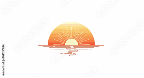 Minimalist geometric sunset over calm water with radiating light lines