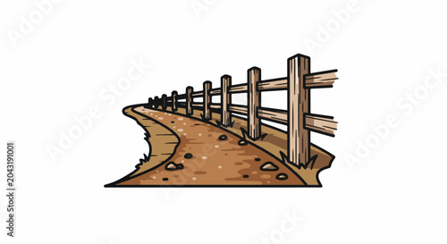 A stylized dirt path curves alongside a wooden fence under a white sky
