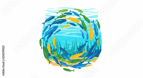 A school of colorful fish swims in a vibrant underwater scene with plants