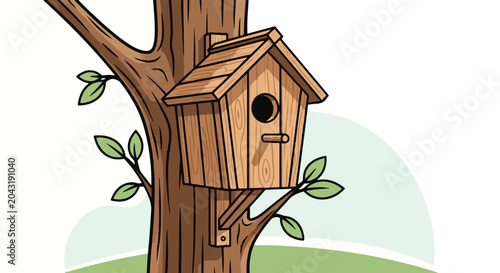 A rustic wooden birdhouse is attached to a large tree trunk