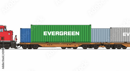 A red locomotive pulls a train of cargo containers, including a green one