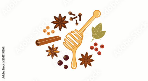 A collection of fragrant spices, star anise, cloves, cinnamon, and berries surround a honey dipper