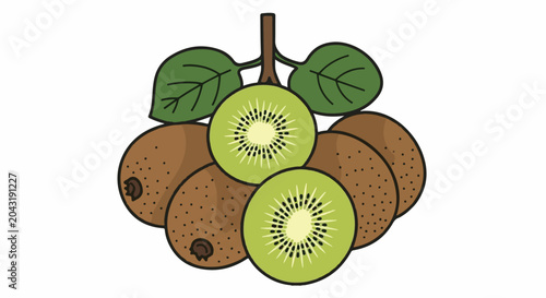A cluster of brown kiwifruits with green leaves and two sliced fruits
