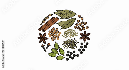 A circular arrangement of various aromatic culinary spices and herbs