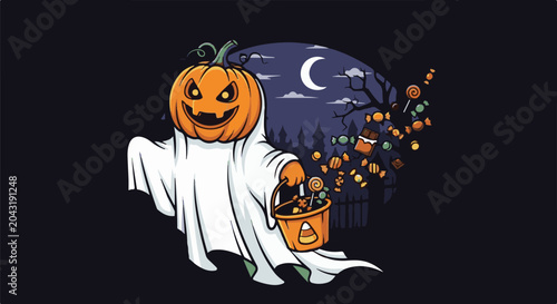 A cheerful ghost with a pumpkin head carries a bucket of candy