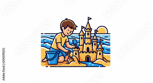 A cheerful boy builds a large sandcastle on a sandy beach by the ocean