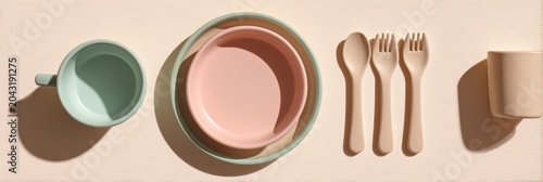 Baby feeding accessories. First safe bear shaped plate, fork, spoon, bib. Silicone tableware, cutlery set on beige neutral background. Kids dishware concept. Serving child food. Solid color backdrop.