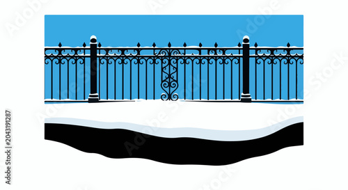 A black ornate metal fence covered in snow against a bright blue sky