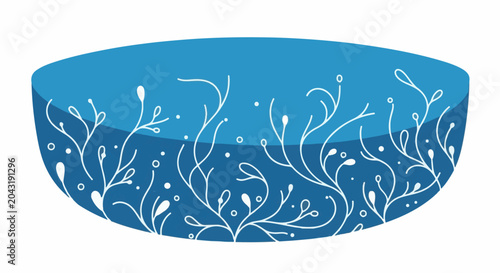 A blue bowl with delicate white floral vine patterns and dots