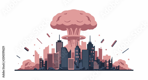 An atomic explosion looms over a devastated city with debris
