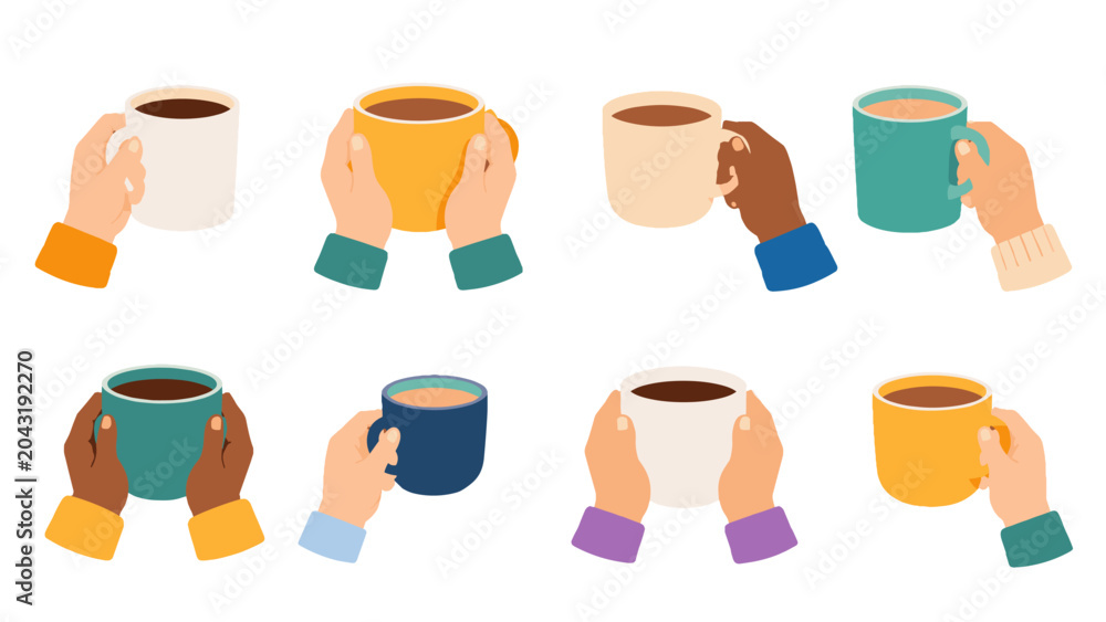 Naklejka premium Set of hands holding colorful coffee mugs in flat vector style
