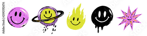Cuadro en lienzo Vector illustration pack of trendy psychedelic smiley faces