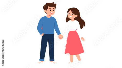 Tableau sur toile Cute young couple holding hands cartoon vector illustration