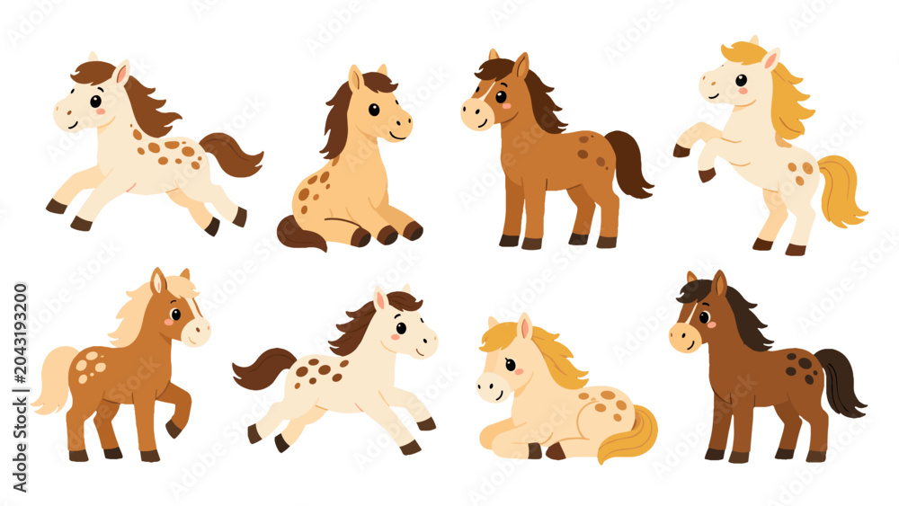 Fototapeta premium Cute cartoon pony characters set in different poses