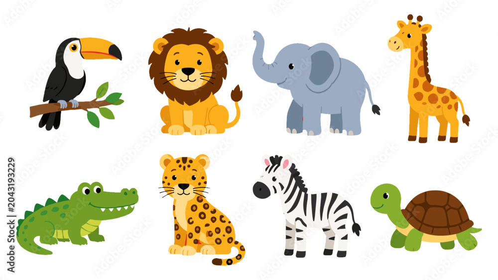 Fototapeta premium Cute cartoon safari and jungle animals set on white background