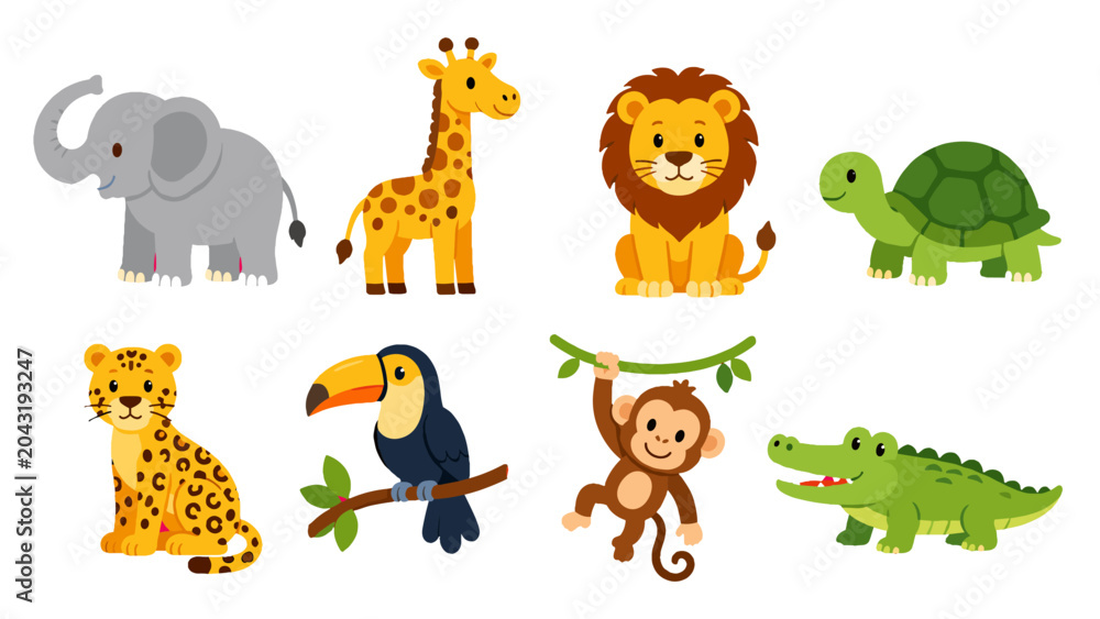 Fototapeta premium Cute cartoon jungle and safari animals set on white background