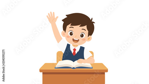 Tableau sur toile Cute schoolboy raising hand while sitting at desk with open book