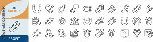 Fotografie Set of physics and magnetism thin line icons including magnets and magnetic fiel