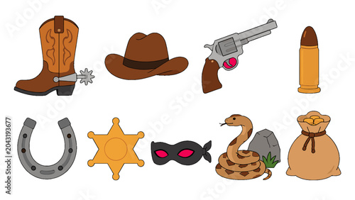 Fotografía Cartoon western cowboy icons set with boot hat revolver and badge