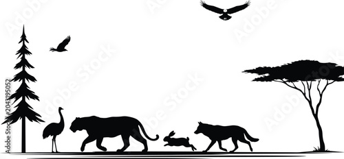 Canvas Print African Wildlife Silhouette Border Scene with Panther Ostrich Birds Acacia Tree