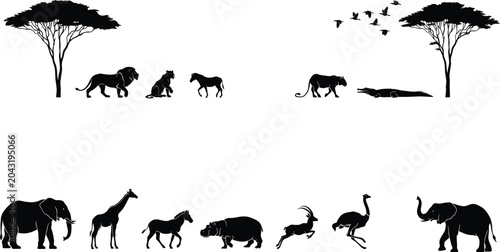 Canvas Print African Wildlife Silhouette Collection with Safari Animals Acacia Trees Birds an
