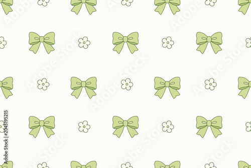 Simple seamless pattern featuring green ribbon bows and tiny floral accents