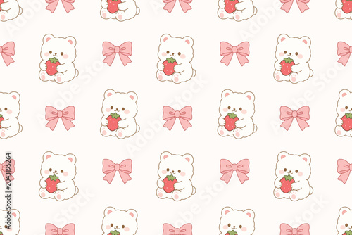 Sweet teddy bear holding a strawberry paired with bows in a charming seamless repeat design