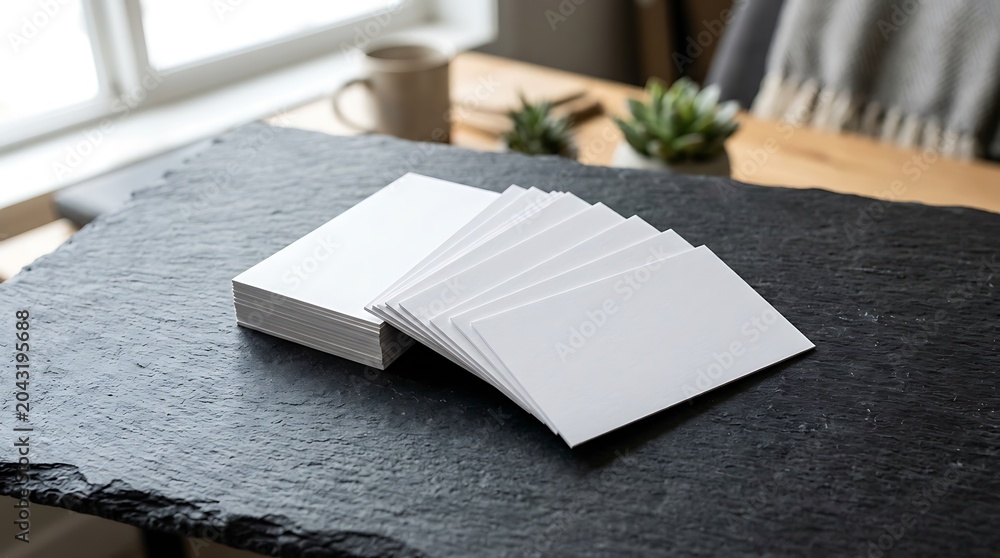 Fototapeta premium Blank White Business Cards Mockup Fanned out on Black Slate