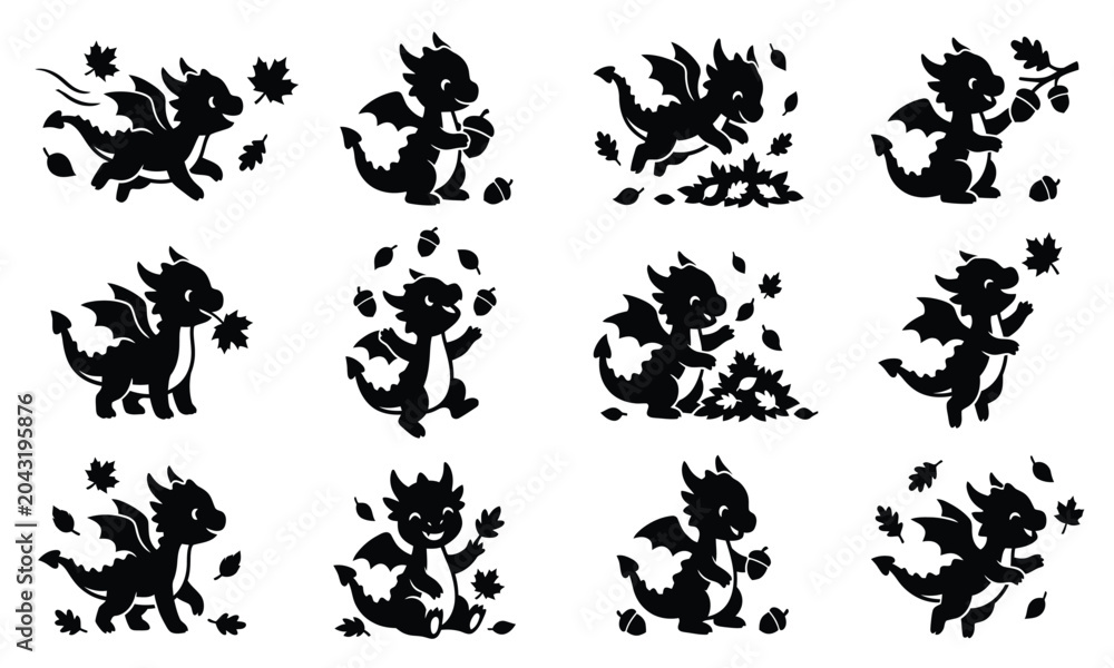 Fototapeta premium Autumn Leaves Dragon Silhouettes