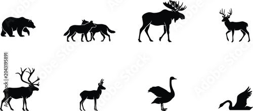 Canvas Print Wildlife Animal Silhouette Collection Featuring Bear Wolves Moose Deer Swan and