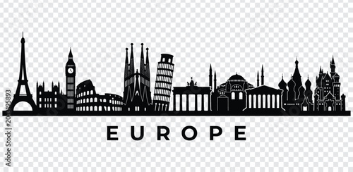 Vászonkép Europe skyline silhouette with famous landmarks