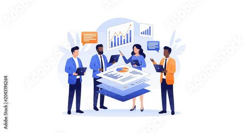 Business people discuss data analysis.